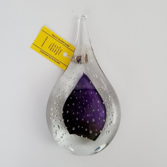 Polish Art Glass Handcrafted & Signed Mouth Blown Violet x Crystal Water Drop - Picture 1 of 7